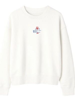 Yuniee Unisex Oversize/geniş Kalıp Bisiklet Yaka Pamuklu Sweatshirt Sip, Left - Ekru