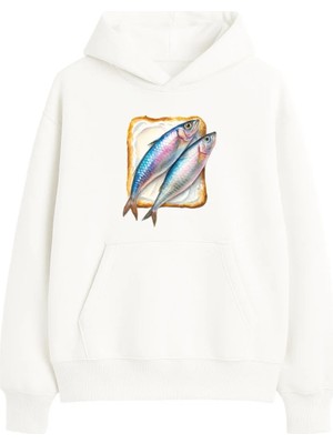 Yuniee Baskılı Unisex Oversize/geniş Kalıp Kapüşonlu Kalın Içi Polarlı/şardonlu Sweatshirt Glowfish Toast - Ekru