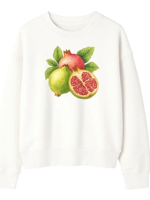Yuniee Baskılı Unisex Oversize/geniş Kalıp Bisiklet Yaka Pamuklu Sweatshirt Pomegranates - Ekru