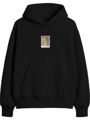 Yuniee Unisex Oversize Kapüşonlu Siyah Sweatshirt Pamuklu 3 Iplik Şardonlu Hoodie Golden Love Whisper