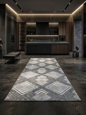 Sarar Antiq Halı Gri Kare Modern Kaymaz Taban Salon Hol, Koridor Mutfak Yıkanabilir Jel Kesme Yolluk