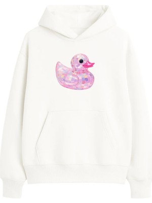 Yuniee Baskılı Unisex Oversize/geniş Kalıp Kapüşonlu Kalın Içi Polarlı/şardonlu Sweatshirt Party Quack - Ekru