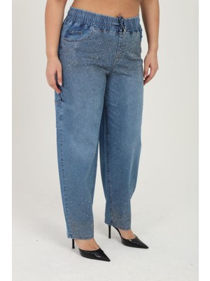 Zanessi Büyük Beden Yüksek Bel Taş Detaylı Likralı Denim Mom Fit Kadın Pantolon