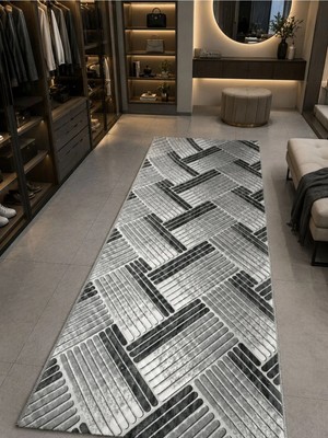Sarar Antiq Halı Keçeli Siyah Gri Modern Kaymaz Taban Salon Hol, Koridor Mutfak Yıkanabilir Jel Kesme Yolluk