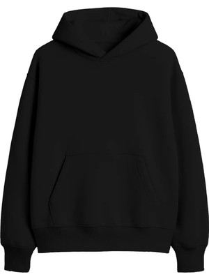 Yuniee Unisex Oversize Kapüşonlu Siyah Sweatshirt Pamuklu 3 Iplik Şardonlu Kalın Hoodie