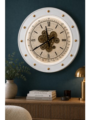 Mars Concept Büyük Boy Işıklı Çarklı Beyaz Duvar Saati, Uzaktan Kumandalı │ Beyaz Altın Detaylı Metal Kasa Vintage Salon Saati 60CM