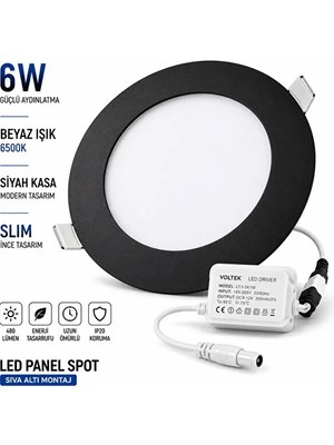 Voltek 6W LED Panel Spot Siyah Kasa Beyaz Işık Sıva Altı Yuvarlak Spot Armatür