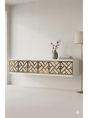 Ceneyra TDA1238BTG AREX Duvara Montaj Tv Sehpası Beyaz-Traverten-Gold 120cm