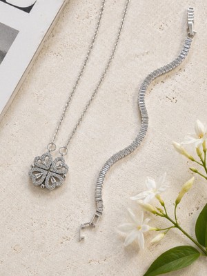 Seyn Accessory Gümüş Kaplama Çelik Mıknatıslı Açılır Yonca Kolye Su Yolu Bileklik Takı Seti