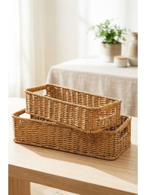 Digithome 2'li Dikdörtgen Hasır Rattan Organizer Sepet - BB6073