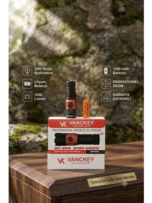 Vanckey Profesyonel Şarjlı LED El Feneri | Güçlü Aydınlatma | Zoom Odak | USB Şarjlı 20 W 1000 Lümen