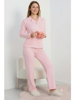 Marvelas Kadın Çizgili Pembe Beyaz Pijama Takımı Rahat Nefes Alan Ev Giyim Uyku Takımı