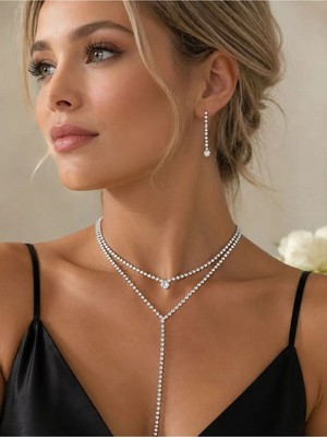 Valmont Marka Taş Detaylı Y Model Kolye & Küpe Seti – Gümüş Renk