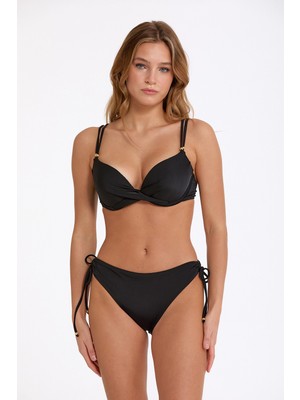 Argento Kadın Düz Siyah Full Push Up Dolgulu Bağlamalı Bikini Takımı