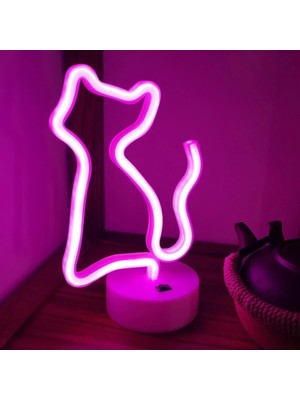 Keyfim Shop Neon LED Lamba Kedi LED Işıklı Lamba Pilli Masa Lambası