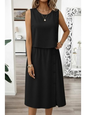 Infivento Kadın Kolsuz Yuvarlak Yakalı Düğmeli Aerobin Bluz ve Midi Etek Ikili Takım