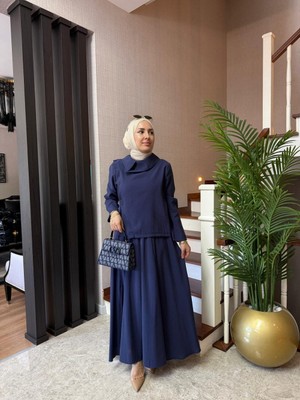 Esra Butik Asimetrik Yakalı Modal Cupra Etek Takım – Siyah & Lacivert | Tesettür Etekli Takım