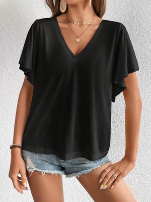 Moda Loris Kadın Kısa Kollu V Yakalı Viskon Bluz