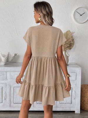 Deridün Yıldız Shoes Kadın Kısa Kollu V Yakalı Fırfırlı Kısa Elbise