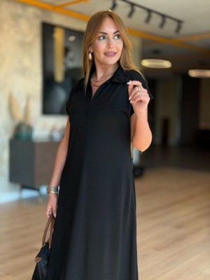 Moda Loris Kadın Kısa Kollu Yakalı Cepli Uzun Viskon Iki Iplik Elbise