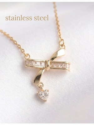 Stainless Steel 316L Çelik Gold Renk Kalp Detay Fiyonk Model Kolye