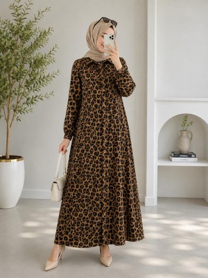 Zg Fashion Leopar Desenli Boydan Düğmeli Gömlek Yaka Uzun Kollu Maxi Tesettür Gömlek Elbise Kahve
