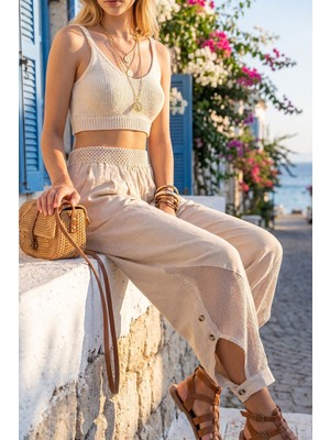 Rmy Moda Kadın Keten Bej Beli Lastikli Paçası Düğmeli Fileli Keten Şalvar Pantolon