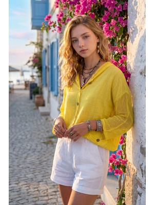 Rmy Moda Kadın Keten Sarı Yıkamalı Keten Fileli Bağlamalı Kapüşonlu Bluz