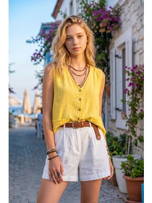 Rmy Moda Kadın Keten Sarı Çift Cep Asimetrik Düğmeli Keten Bluz