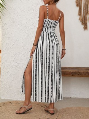 Serac Collection Kadın Ip Askılı Yırtmaçlı Desenli Uzun Süprem Elbise