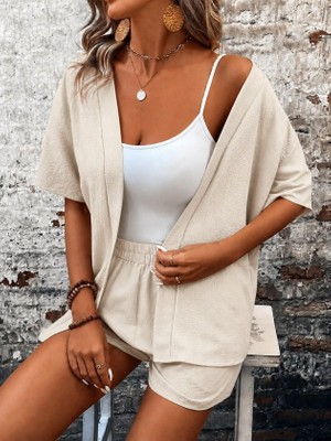 Gökyüzü Moda Kadın Kısa Kollu Önü Açık Bürümcük Ceket ve Şort Ikili Takım