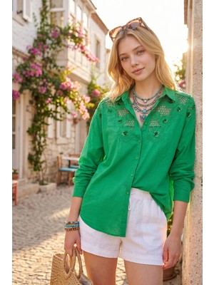 Rmy Moda Kadın Yeşil Güpür ve Pul Işlemeli Vual %100 Pamuk Oversize Gömlek