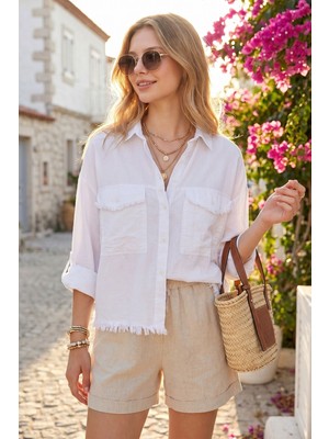Rmy Moda Kadın Beyaz Oxford Kumaş Pamuk Püskül Detaylı Çift Cepli Oversize Gömlek