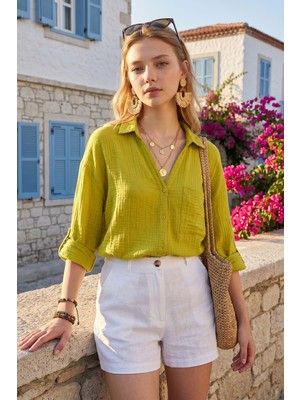 Rmy Moda Kadın Yağ Yeşili Müslin Kumaş %100 Pamuk Oversize Tek Cepli Gömlek