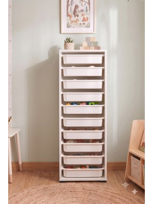 Decosense 10 Çekmeceli 136 cm Beyaz Çocuk Odası Oyuncak Dolabı ve Çok Amaçlı Saklama Ünitesi - Depolayıcı Düzenleyici Organizer