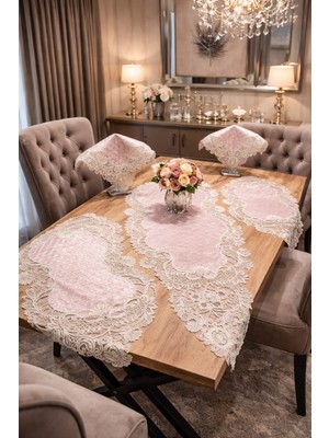 Yalıns Home Damla Özel Nakış Işlemeli Kadifeli Lüx Salon Takımı RUNNER:138X40 ŞÖMEN:90X40 PEÇETE:40X40