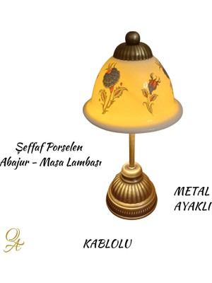 Qtahya Art Abajur-Masa ve Gece Lambası-Dekoratif-El Yapımı-Şeffaf Porselen Şapkalı-Kablolu