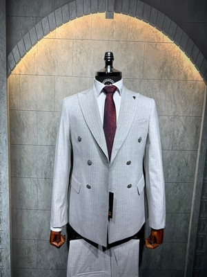 Dupont Classics Dupont Erkek Kruvaze Çizgili Takım Elbise - Slim Fit 6 Drop Sivri Yaka Çift Yırtmaçlı Viskon