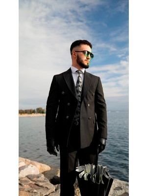 Dupont Classics Dupont Erkek Kruvaze Çizgili Takım Elbise - Slim Fit 6 Drop Sivri Yaka Çift Yırtmaçlı Viskon