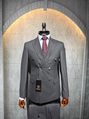 Dupont Classics Dupont Erkek Kruvaze Çizgili Takım Elbise - Slim Fit 6 Drop Sivri Yaka Çift Yırtmaçlı Viskon
