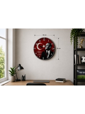 Atatürk ve Türk Bayrağı Temalı 28 cm Dekoratif Duvar Saati Ev Ofis Okul Duvar Saati