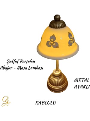 Qtahya Art Abajur-Masa ve Gece Lambası-Dekoratif-El Yapımı-Şeffaf Porselen Şapkalı-Kablolu