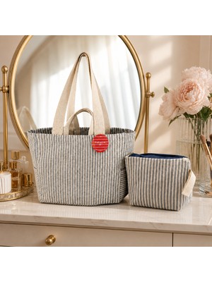 Faralya Life %70 Pamuk %30 Polyester Lacivert Çizgili Çıtçıtlı Çanta 50X42 cm ve Fermuarlı Makyaj Çantası Seti 26*21CM Bez Çanta Kombin Set
