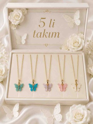 Yağmur Kadın ve Kız Çocuk  Kelebek Kolye 5 Li Takım Set Beyaz Mavi Yeşil Pembe Lila Rengi Sevgilişer Günü Doğumgünü Anneler Günü Yılbaşı Yeni Yıl Hediyelik Takı Alssesuar Gerdanlık
