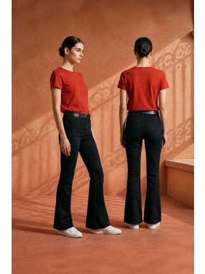 Hies Siyah İspanyol Jeans, Likralı Esnek Yüksek Bel İspanyol Paça Bayan Kot Pantolon