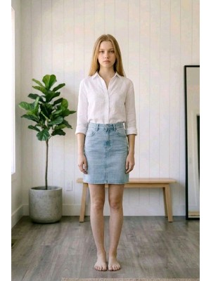 Hies 11 cm Yırtmaçlı Mavi Kar Denim Yüksek Bel Likralı  Cepli  Kısa Kot Etek - 45 cm