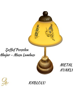 Qtahya Art Abajur-Masa ve Gece Lambası-Dekoratif-El Yapımı-Şeffaf Porselen Şapkalı-Kablolu