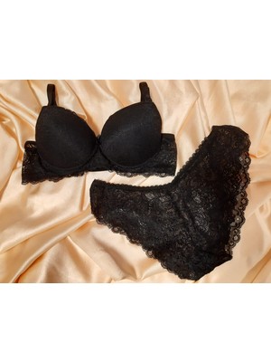 Tuhfetower  Premium Black Lace Kadın Siyah Dantelli Destekli Sütyen Külot Takımı