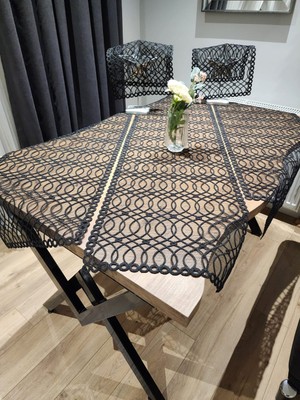 Yalıns Home Deniz- Modern Siyah Zemin Üzerıne Işlemeli Runner Set RUNNER:140X40 ŞÖMEN:95X40 PEÇETE:43X30