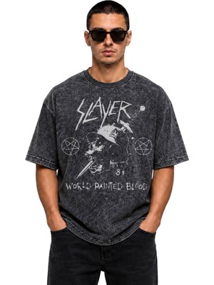 Fuddy Moda Unisex Slayer World Painted Blood Baskılı Yıkamalı Tişört, Oversize Rock Band Temalı Vintage Tshirt